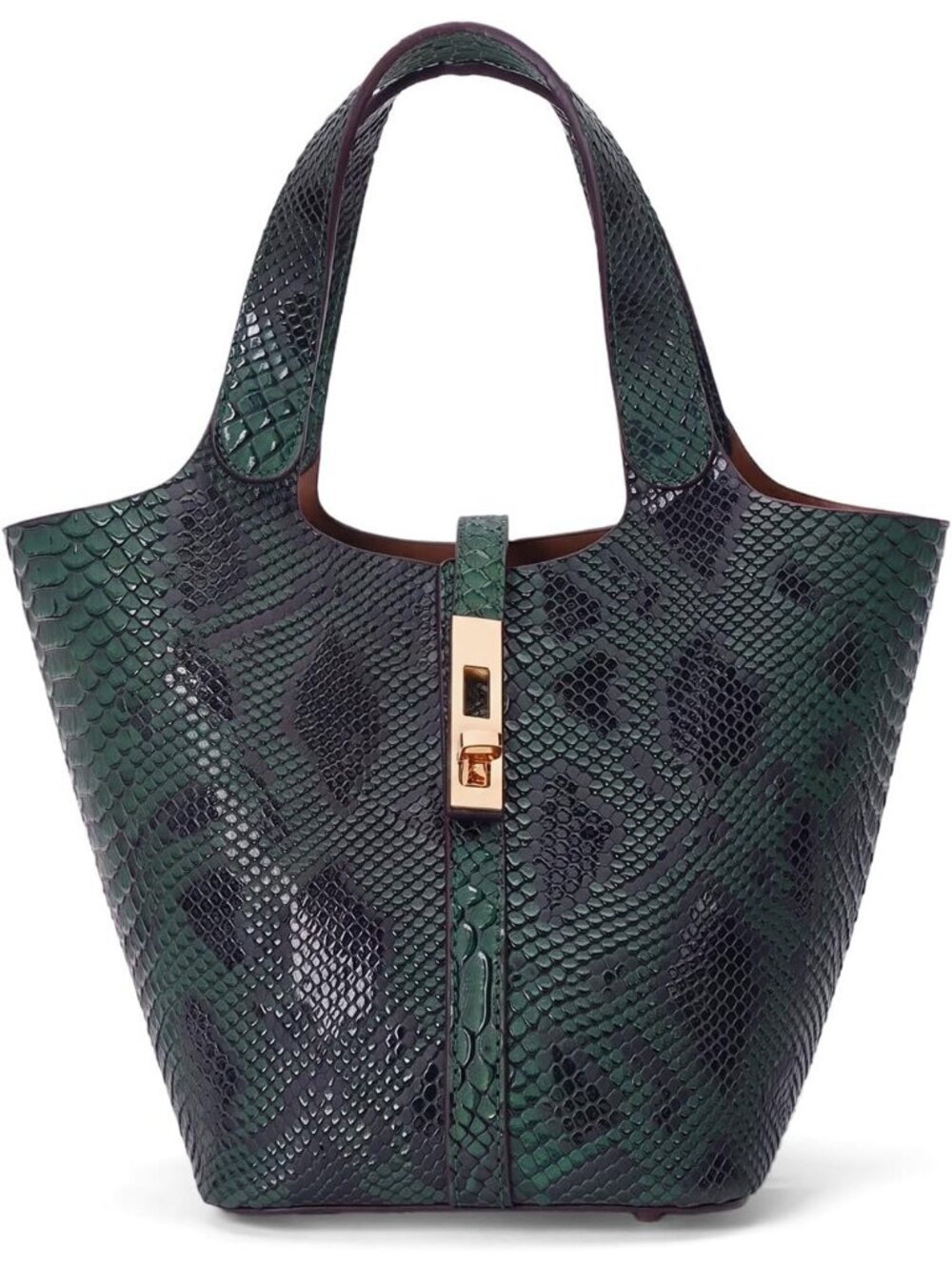 Women's Green Black Vegan Leather Satchel Tote Handle Lock Design Bucket Purse